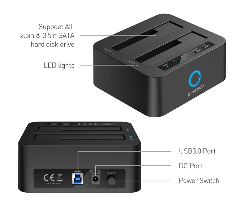 ineo USB 3.1 Gen1 to SATA 2.5" or 3.5 inch SSD/HDD Docking Station (Clone Docking) - Image 3